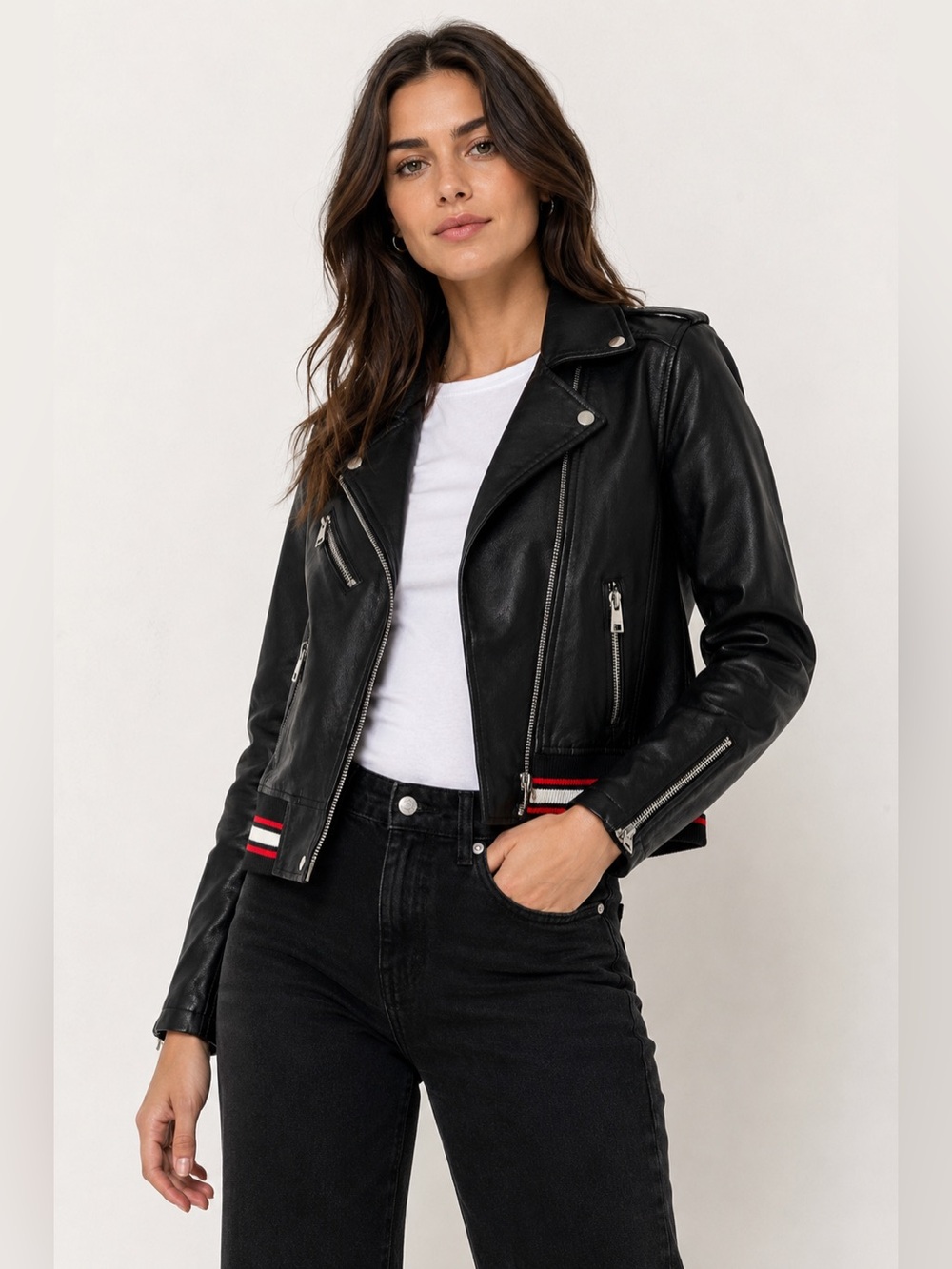 Levi’s Faux Leather Moto Jacket Varsity Stripe Rib Knit Hem Black Medium - Picture 1 of 8